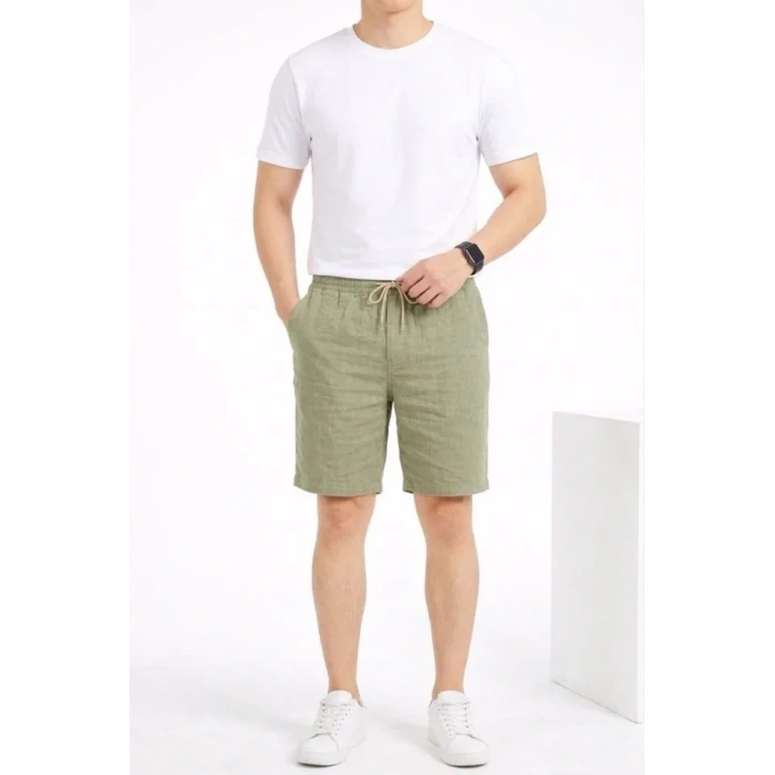 Erkek Keten Kumaş Cepli Rahat Kesim Bel Lastikli Şort - Mint Yeşili