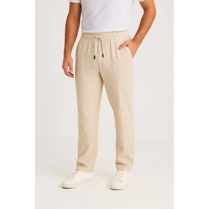 Erkek Keten Pantolon – Cepli, Beli Lastikli Ve Bağcıklı, Nefes Alan Rahat Kalıp, Yazlık Ve Baharlık Günlük Giyim, Şık - Konforlu Boru Paça Model - Bej