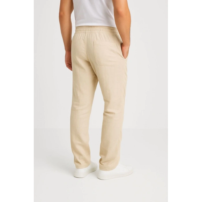 Erkek Keten Pantolon – Cepli, Beli Lastikli Ve Bağcıklı, Nefes Alan Rahat Kalıp, Yazlık Ve Baharlık Günlük Giyim, Şık - Konforlu Boru Paça Model - Bej