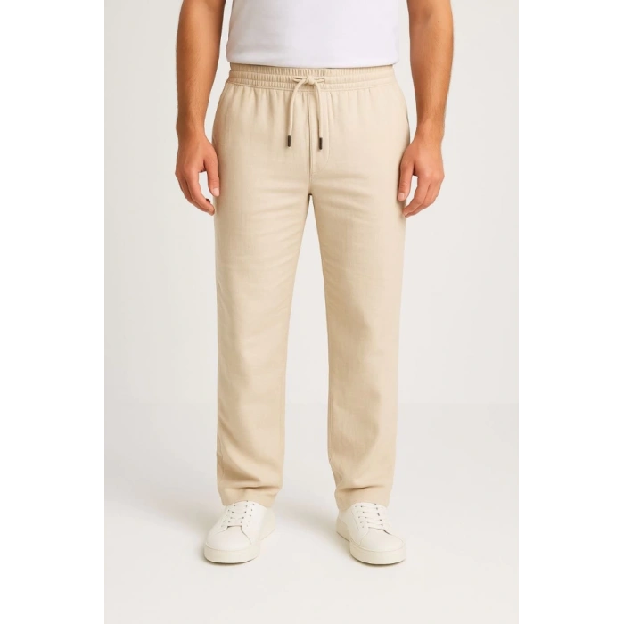 Erkek Keten Pantolon – Cepli, Beli Lastikli Ve Bağcıklı, Nefes Alan Rahat Kalıp, Yazlık Ve Baharlık Günlük Giyim, Şık - Konforlu Boru Paça Model - Bej