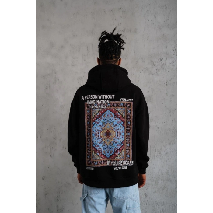 Erkek Kilim Desen Kapüşonlu - Siyah