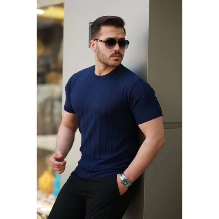 Erkek Kısa Kollu Bisiklet Yaka çizgili Triko Tişört