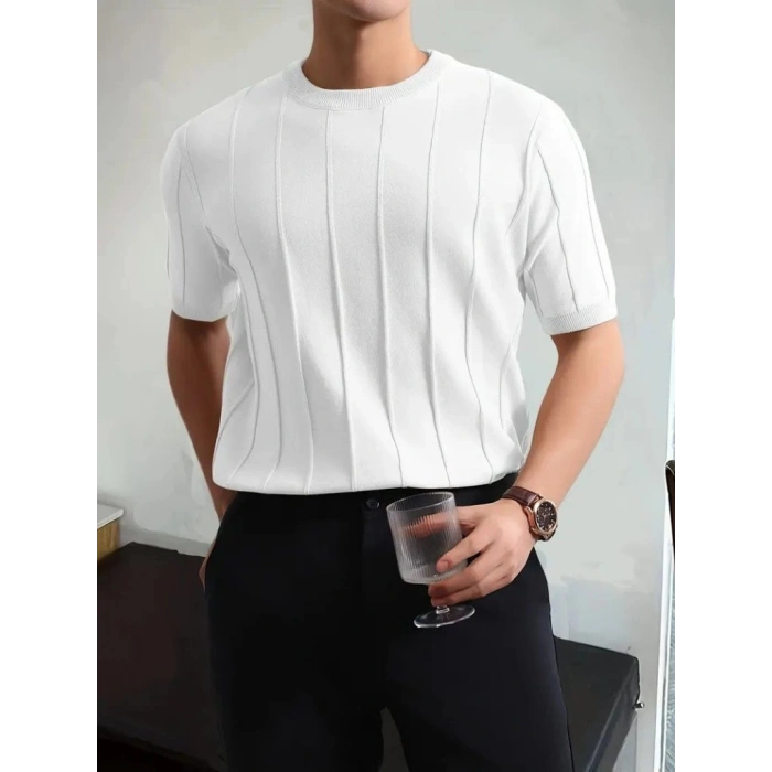 Erkek Kısa Kollu Bisiklet Yaka çizgili Triko Tshirt