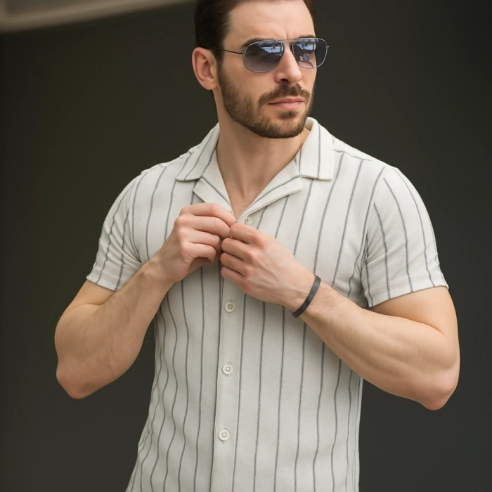 Erkek Kısa Kollu Gri çizgi Desenli örme Kumaş Pamuklu Gömlek