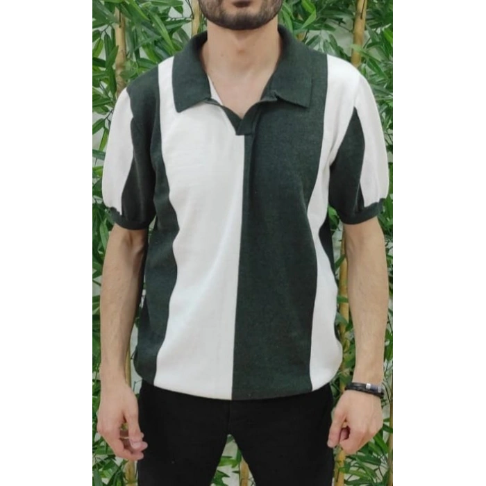 Erkek Kısa Kollu Polo Yakalı Blok Desenli Triko Tişört