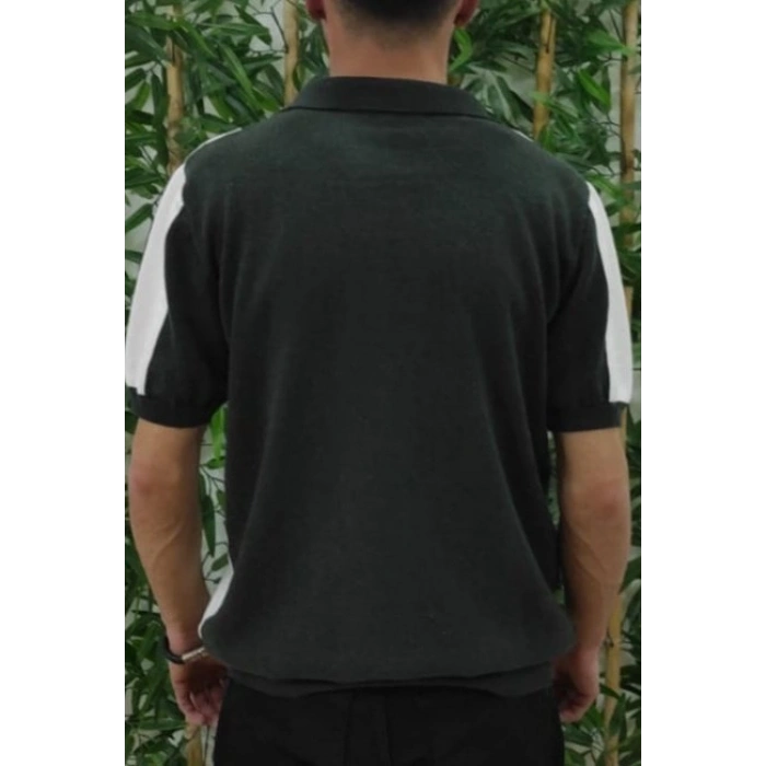 Erkek Kısa Kollu Polo Yakalı Blok Desenli Triko Tişört