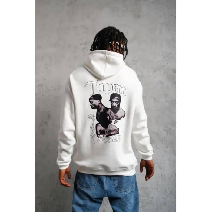 Erkek Kol Ve Etek Ribana Baskılı Kapüşonlu Sweat - Beyaz