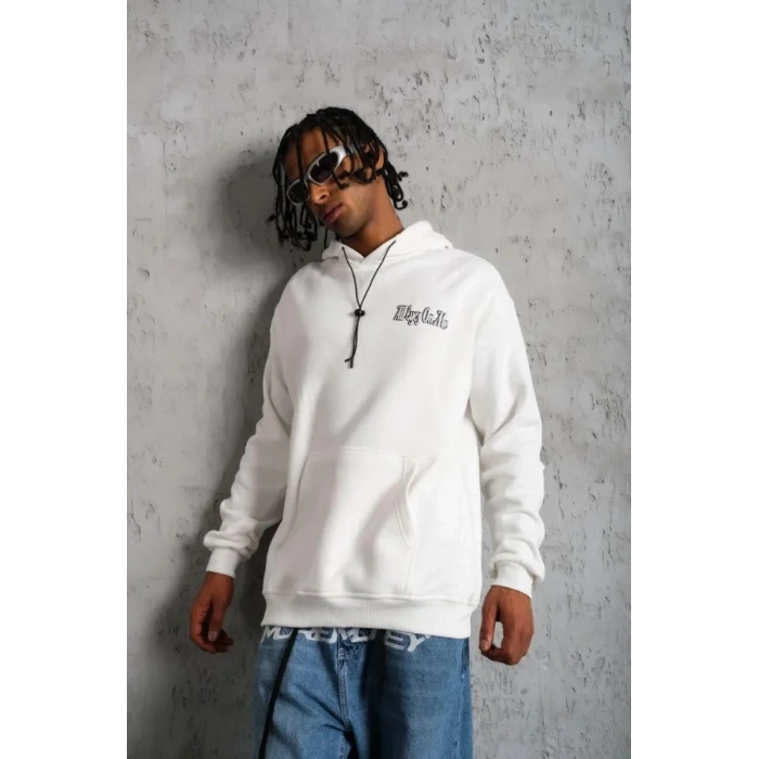 Erkek Kol Ve Etek Ribana Baskılı Kapüşonlu Sweat - Beyaz
