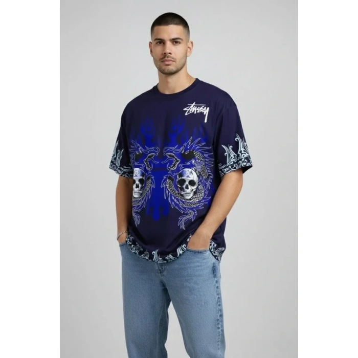 Erkek Lacivert Oversize Tişört Dragon - Kuru Kafa Baskılı Bisiklet Yaka Streetwear T-Shirt - Lacivert