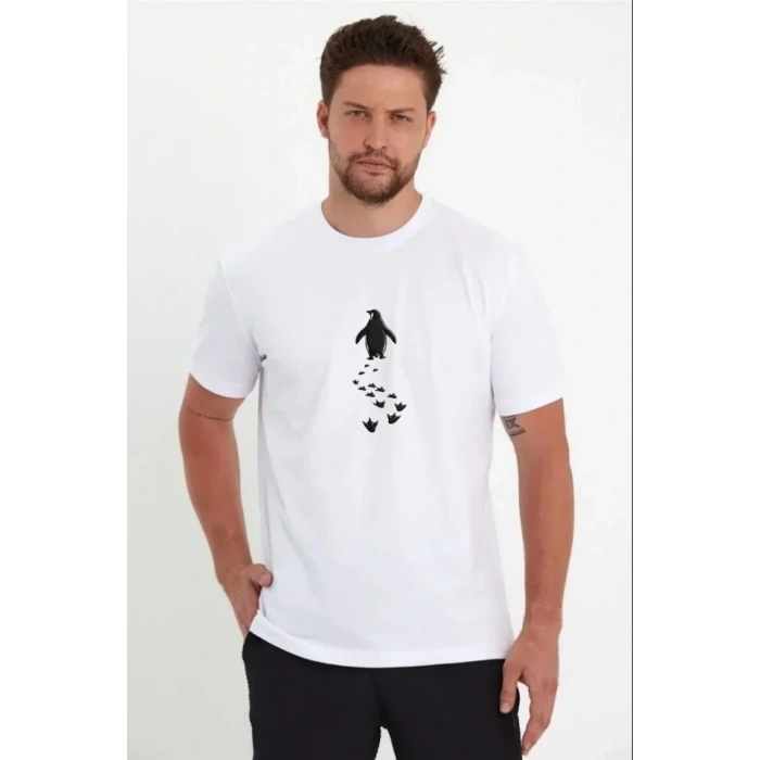 Erkek Nihilist Penguen Temalı Oversize Bisiklet Yaka Tişört - Beyaz