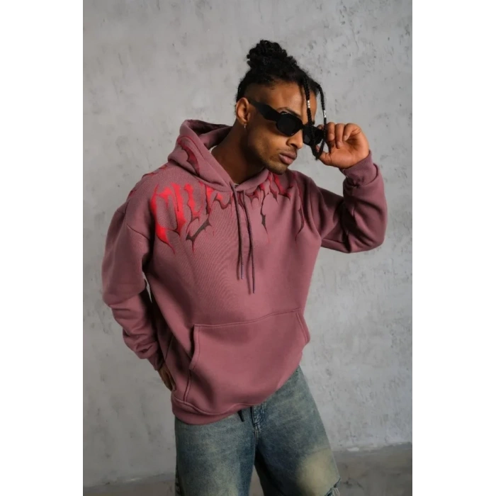 Erkek Ön Ve Arka Baskılı Kapüşonlu 3 İplik Sweatshirt - Gül Kurusu