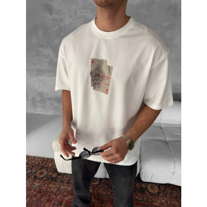Erkek Ön Ve Arka Baskılı Oversize Bisiklet Yaka T-shirt - Beyaz