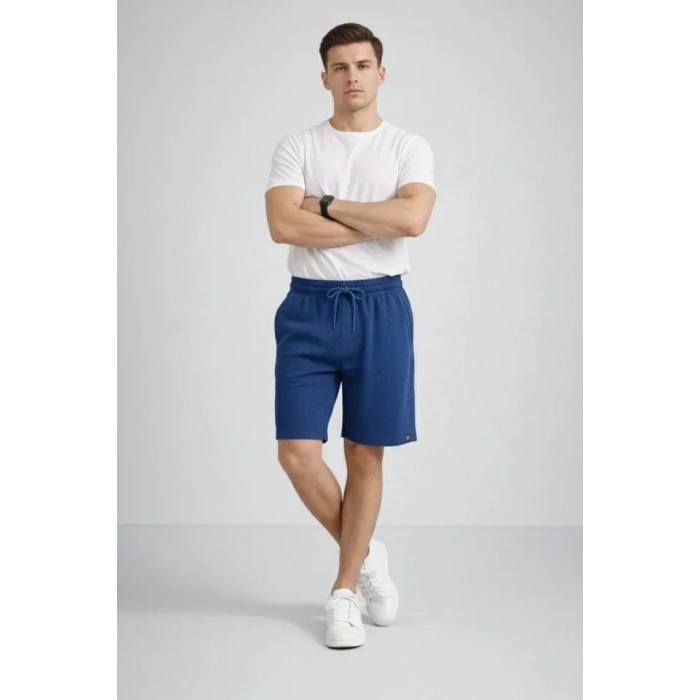 Erkek Otoban Dokuma Şort Beli Lastikli Bağcıklı, Cepli, Rahat Kesim Günlük Yazlık Şort - İndigo