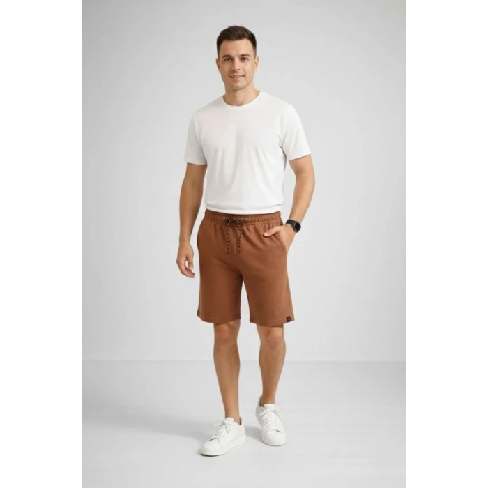 Erkek Otoban Dokuma Şort Beli Lastikli Bağcıklı, Cepli, Rahat Kesim Günlük Yazlık Şort - Kahverengi