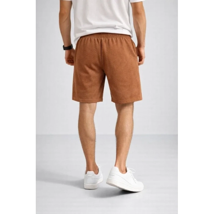 Erkek Otoban Dokuma Şort Beli Lastikli Bağcıklı, Cepli, Rahat Kesim Günlük Yazlık Şort - Kahverengi