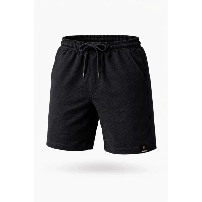 Erkek Otoban Dokuma Şort Beli Lastikli Bağcıklı, Cepli, Rahat Kesim Günlük Yazlık Şort - Siyah