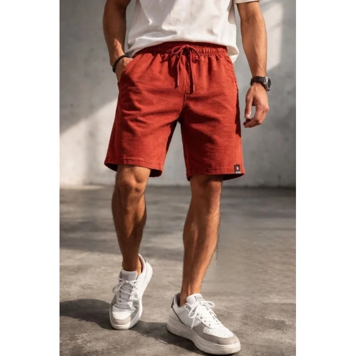 Erkek Otoban Dokuma Şort Beli Lastikli Bağcıklı, Cepli, Rahat Kesim Günlük Yazlık Şort - Turuncu