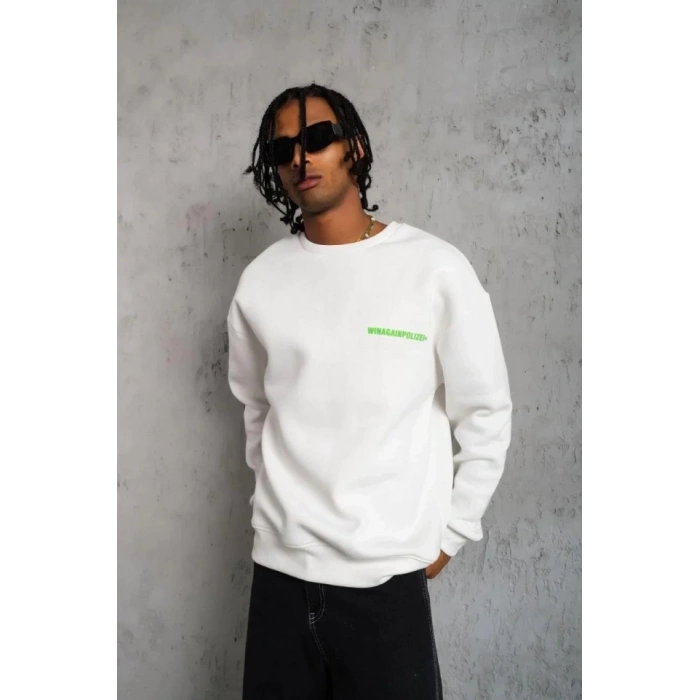 Erkek Oversize Sweatshirt – Beyaz Renk  Ön Ve Sırt Baskılı, Üç İplik İçi Pamuklu Kumaş, Rahat Kalıp, Ribanalı Kışlık Sweat  Winagain Polizei Serisi - Beyaz