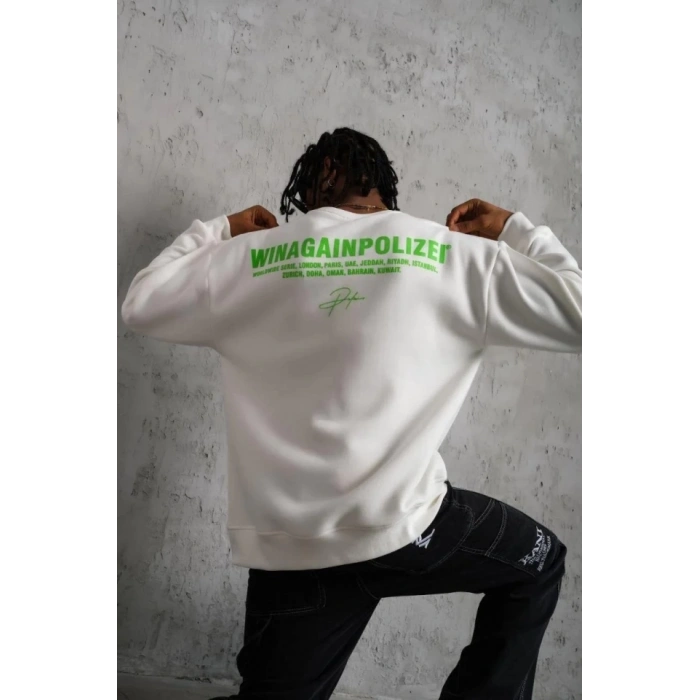 Erkek Oversize Sweatshirt – Beyaz Renk  Ön Ve Sırt Baskılı, Üç İplik İçi Pamuklu Kumaş, Rahat Kalıp, Ribanalı Kışlık Sweat  Winagain Polizei Serisi - Beyaz