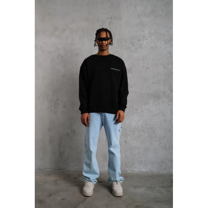 Erkek Oversize Sweatshirt – Siyah Renk  Ön Ve Sırt Baskılı, Üç İplik İçi Pamuklu Kumaş, Rahat Kalıp, Ribanalı Kışlık Sweat  Winagain Polizei Serisi - Siyah