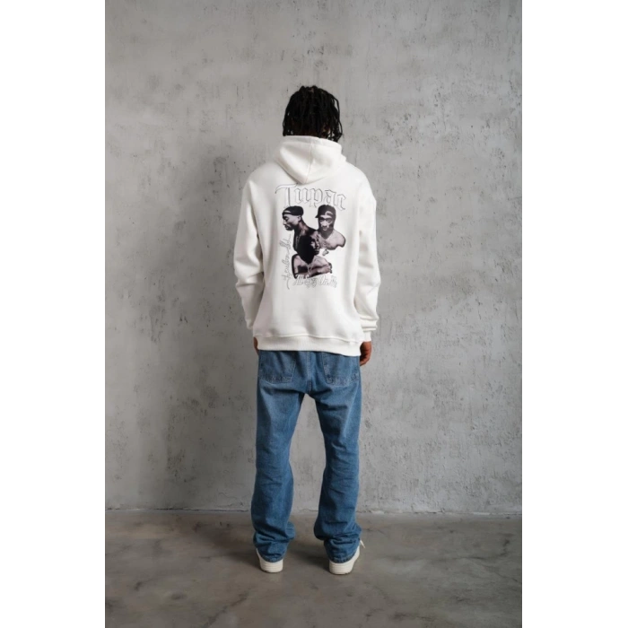 Erkek Oversize Üç İplik Kapüşonlu Sweat – Kol Ve Etek Ribana Detaylı, Ön Ve Sırt Baskılı, Kanguru Cepli Rahat Kalıp Model - Beyaz