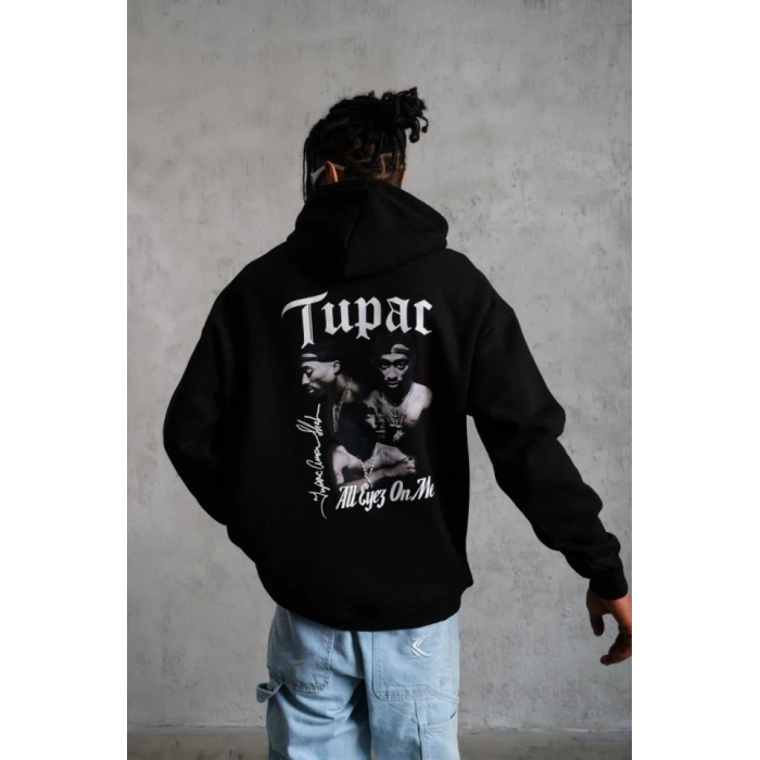 Erkek Oversize Üç İplik Kapüşonlu Sweat – Siyah Kol Ve Etek Ribana Detaylı, Ön Ve Sırt Baskılı, Kanguru Cepli Rahat Kalıp Model