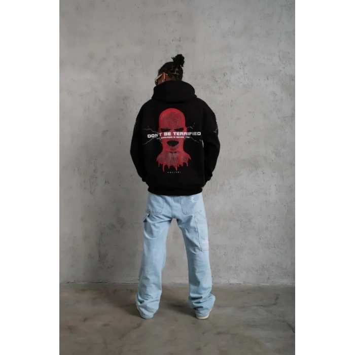 Erkek Oversize Üç İplik Kapüşonlu Sweatshirt – Siyah “Don’t Be Terrified” Ön, Sırt Ve Kol Baskılı, Kanguru Cepli, Ribanalı Rahat Model- Siyah