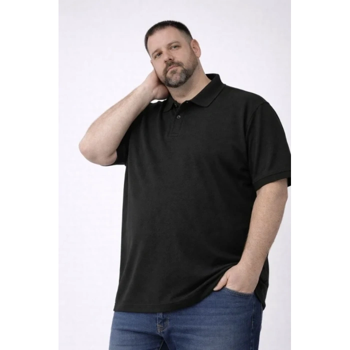 Erkek Pike Kumaş Düğmeli Yaka Battal Büyük Beden Günlük Kısa Kol Tişört T-shirt - Siyah