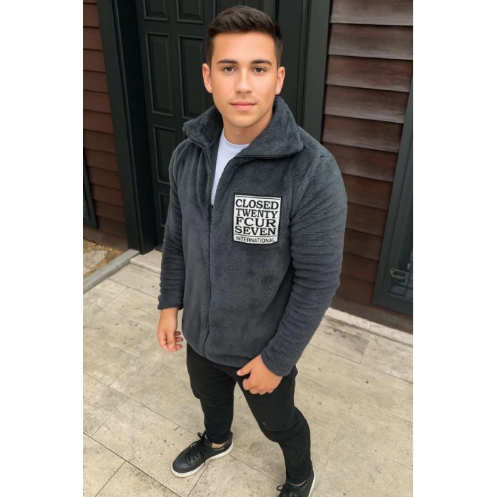 Erkek Polar Fermuarlı Sweatshirt – Kapüşonsuz, Cepli, Yumuşak Dokulu, Oversize Rahat Kalıp, Kışlık Sıcak Tutan Fermuarlı Üst - Füme