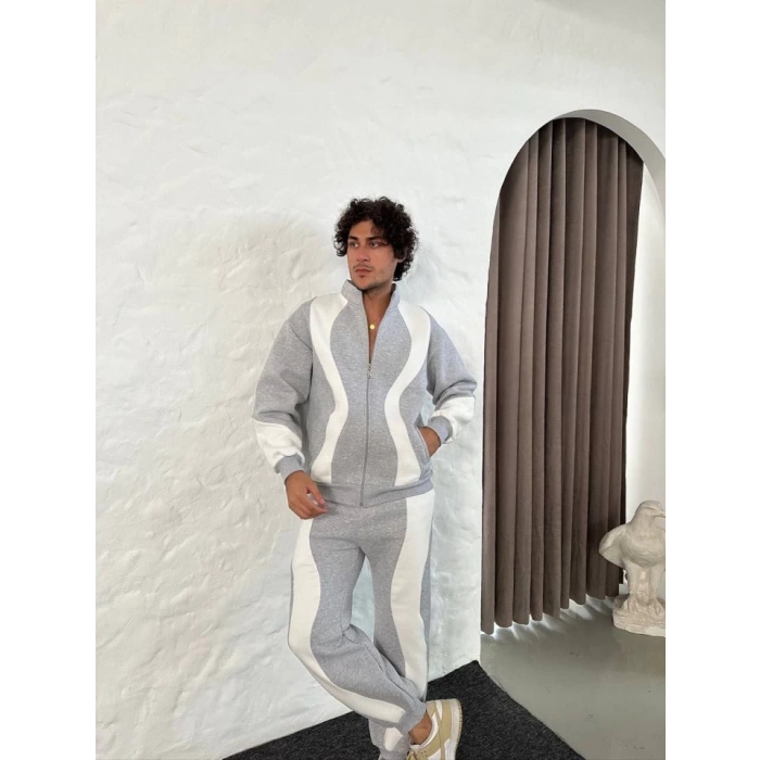 Erkek Premium Parçalı Eşofman Takım - Dik Yaka Fermuarlı Sweatshirt, - Gri