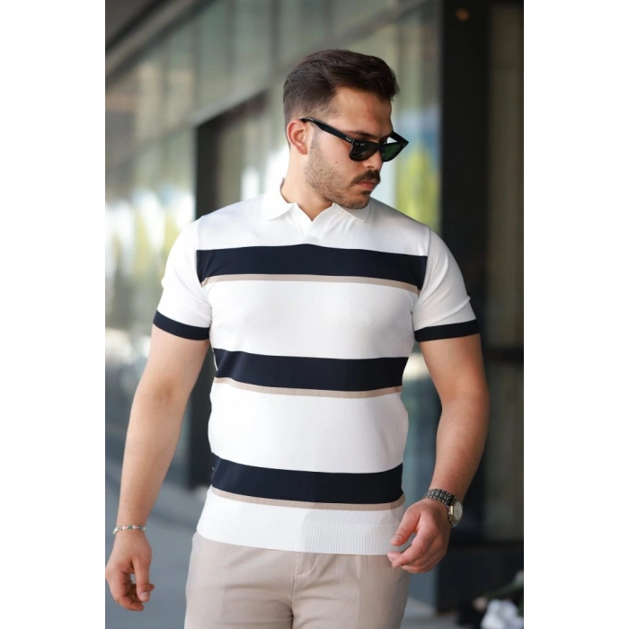 Erkek şerit Desenli Hemşire Yaka Kısa Kollu Tişört