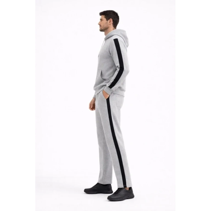 Erkek Şeritli Eşofman Takım Kapüşonlu Sweatshirt Boru Paça Alt, Oversize 3 Iplik Pamuklu - Gri