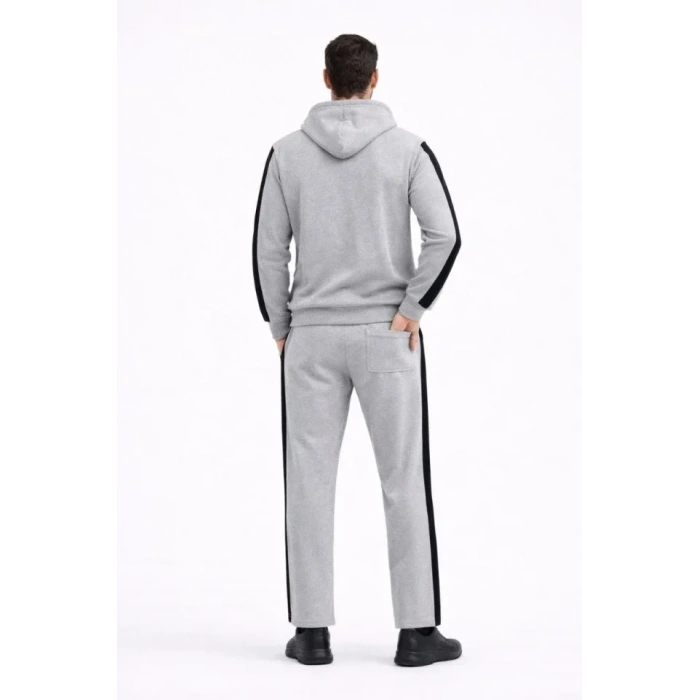 Erkek Şeritli Eşofman Takım Kapüşonlu Sweatshirt Boru Paça Alt, Oversize 3 Iplik Pamuklu - Gri