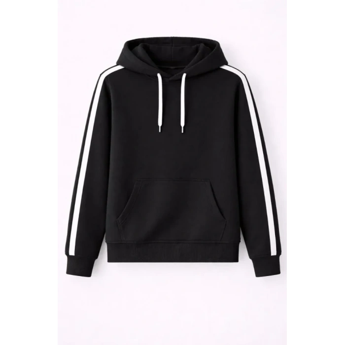 Erkek Şeritli Kapüşonlu Sweatshirt Oversize 3 Iplik Pamuklu - Siyah