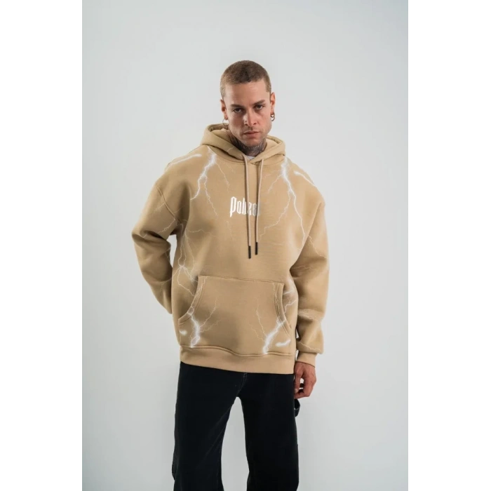 Erkek Şimşek Baskılı Kapşonlu Sweatshirt Üç İplik Pamuklu Kanguru Cepli Double Oversize Hoodie - Bej