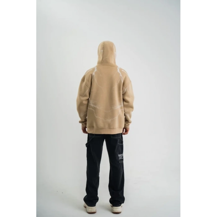 Erkek Şimşek Baskılı Kapşonlu Sweatshirt Üç İplik Pamuklu Kanguru Cepli Double Oversize Hoodie - Bej