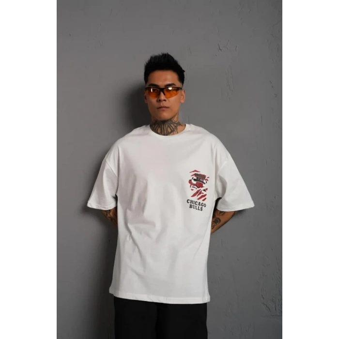 Erkek Sırt Baskılı A Kalite Oversize T-shirt - Beyaz