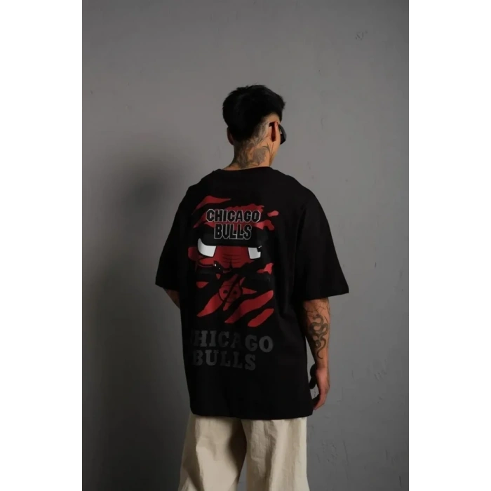 Erkek Sırt Baskılı A Kalite Oversize T-shirt - Siyah