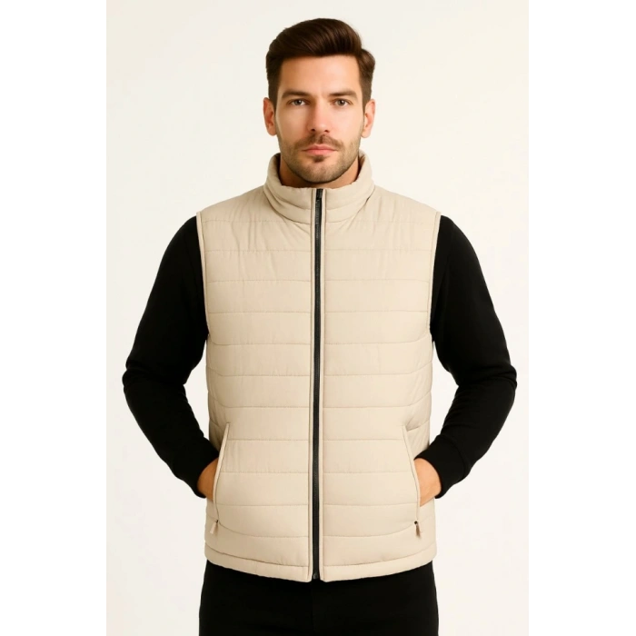 Erkek Şişme Fermuarlı Yelek Su Itici Kapitone Astarlı Kumaş Cepli Hafif Kışlık Spor Rahat Kalıp -Bej