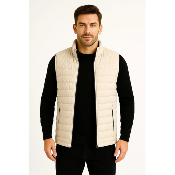 Erkek Şişme Fermuarlı Yelek Su Itici Kapitone Astarlı Kumaş Cepli Hafif Kışlık Spor Rahat Kalıp -Bej