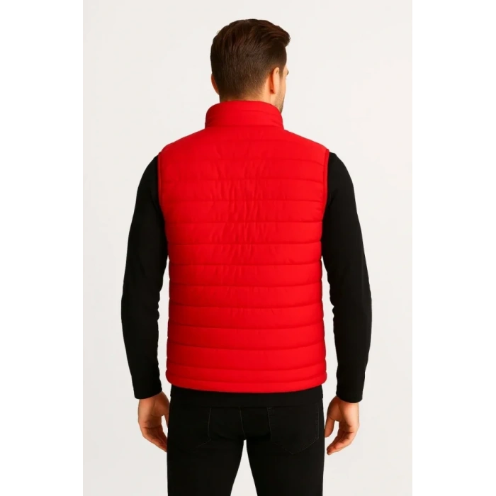 Erkek Şişme Fermuarlı Yelek Su Itici Kapitone Astarlı Kumaş Cepli Hafif Kışlık Spor Rahat Kalıp - Kırmızı