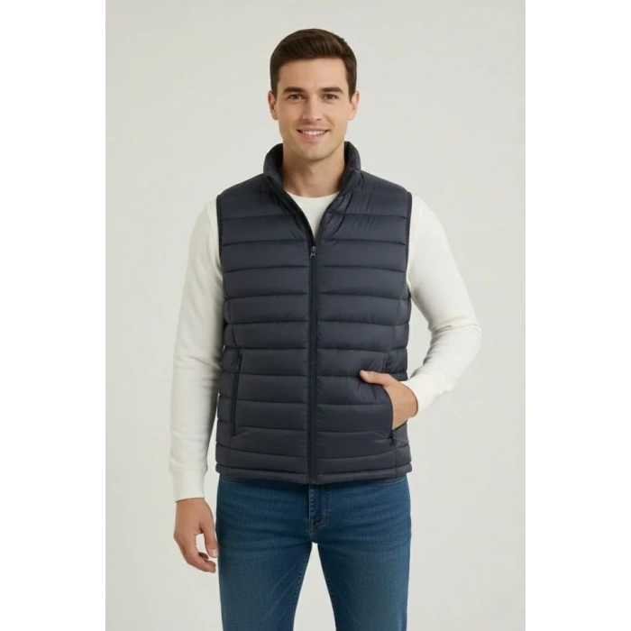 Erkek Şişme Fermuarlı Yelek Su Itici Kapitone Astarlı Kumaş Cepli Hafif Kışlık Spor Rahat Kalıp - Lacivert