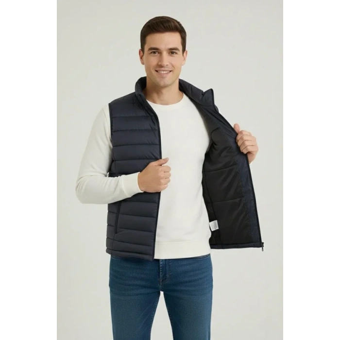 Erkek Şişme Fermuarlı Yelek Su Itici Kapitone Astarlı Kumaş Cepli Hafif Kışlık Spor Rahat Kalıp - Lacivert