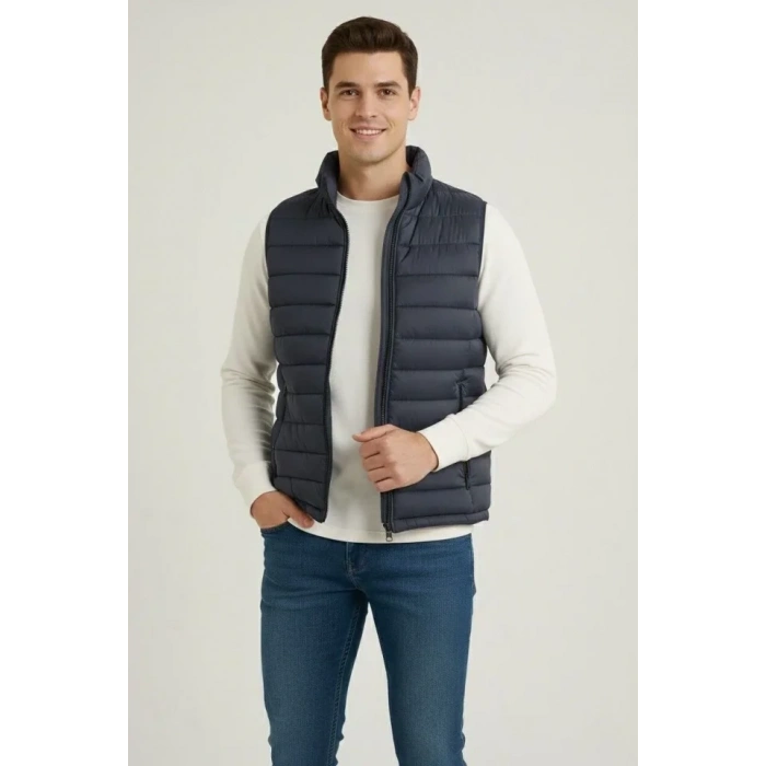 Erkek Şişme Fermuarlı Yelek Su Itici Kapitone Astarlı Kumaş Cepli Hafif Kışlık Spor Rahat Kalıp - Lacivert