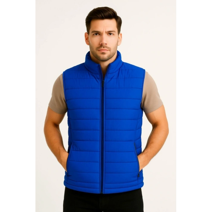 Erkek Şişme Fermuarlı Yelek Su Itici Kapitone Astarlı Kumaş Cepli Hafif Kışlık Spor Rahat Kalıp - Saks Mavisi