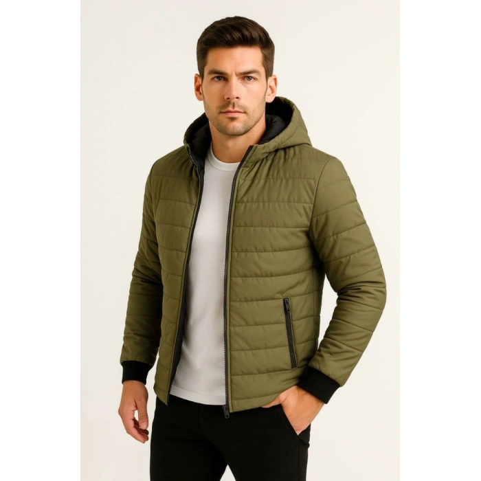 Erkek Şişme Kapüşonlu Fermuarlı Mont Su Itici Kapitone Astarlı Kumaş Cepli Kışlık Rahat Kalıp - Haki