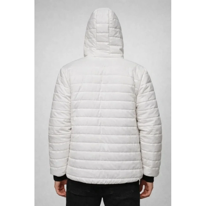 Erkek Şişme Kapüşonlu Fermuarlı Mont Su Itici Kapitone Astarlı Kumaş Cepli Kışlık Rahat Kalıp - Krem