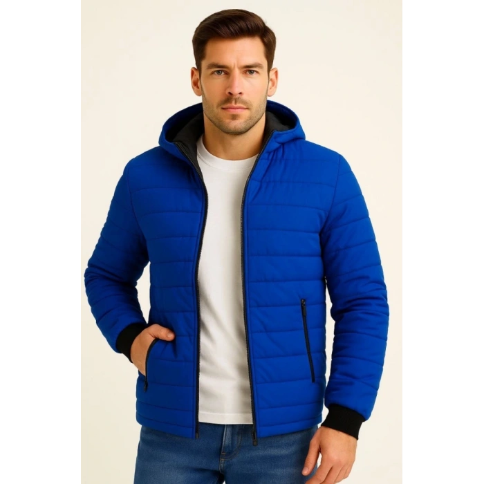 Erkek Şişme Kapüşonlu Fermuarlı Mont Su Itici Kapitone Astarlı Kumaş Cepli Kışlık Rahat Kalıp - Saks Mavisi