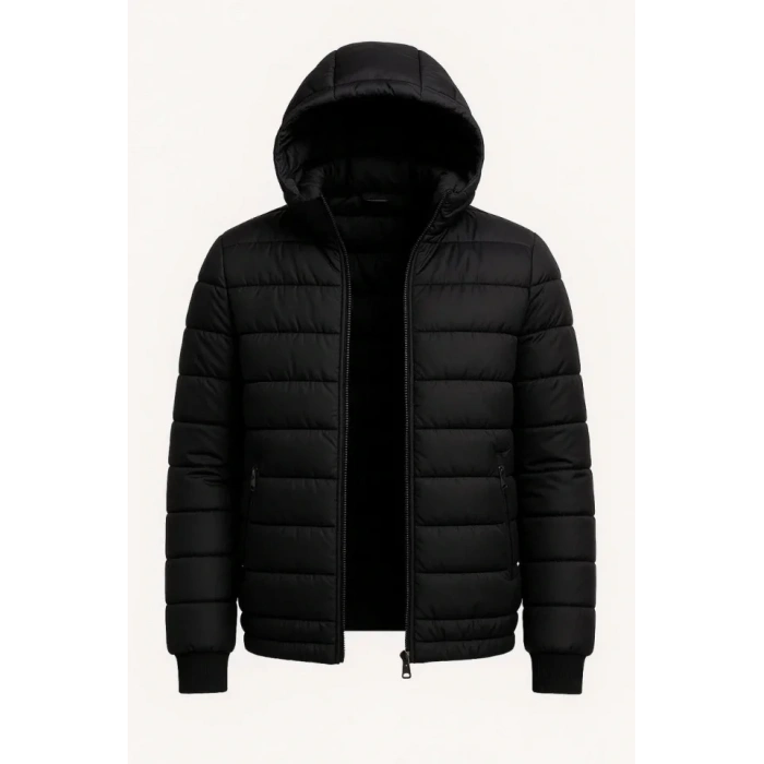 Erkek Şişme Kapüşonlu Fermuarlı Mont Su Itici Kapitone Astarlı Kumaş Cepli Kışlık Rahat Kalıp - Siyah