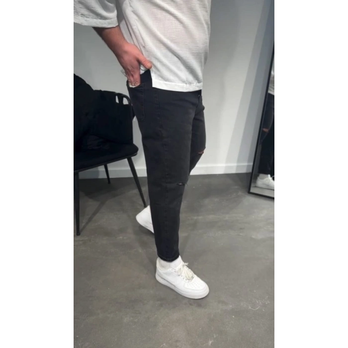 Erkek Siyah Dizi Yırtık Boyfriend Jean